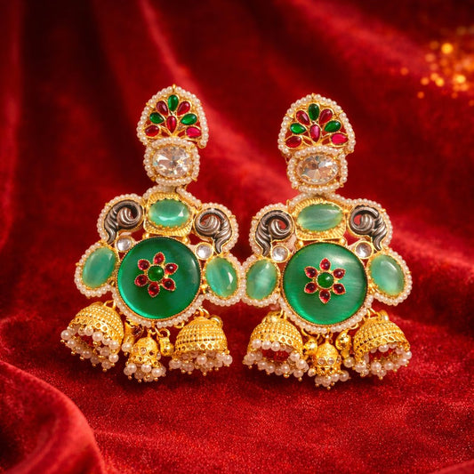 Emerald Green Kundan Floral Jhumka Earrings