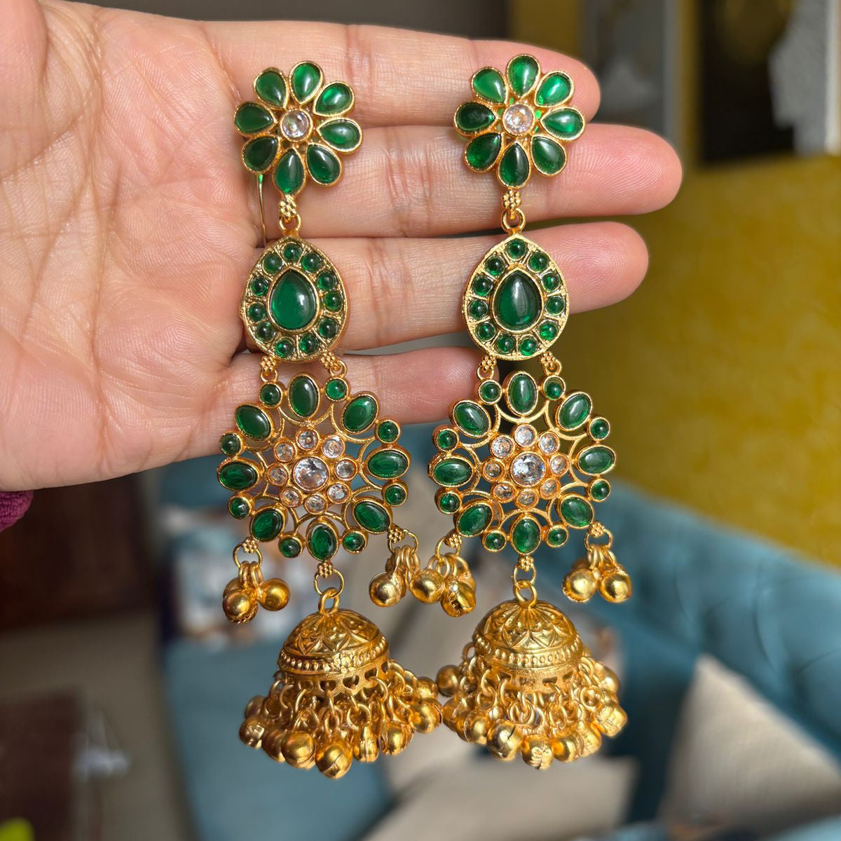 Green Floral Jhumka Earrings