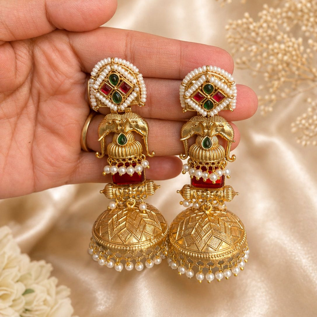 Emerald Green & Ruby Gold Finish Jhumka