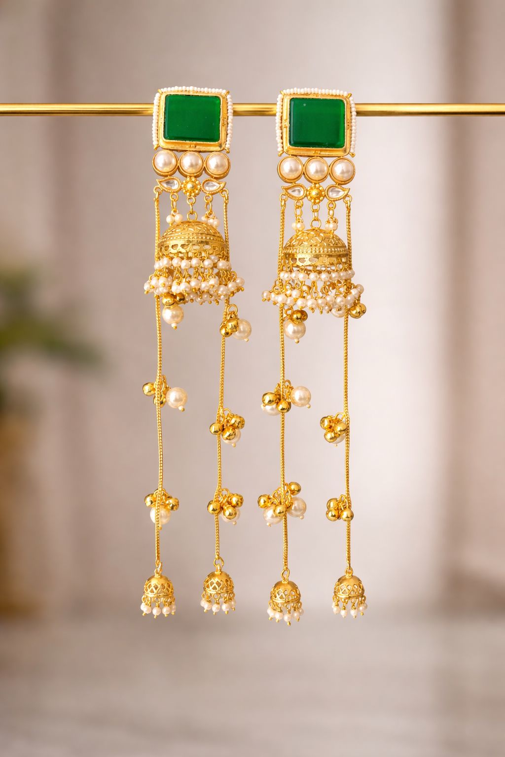 Emerald Pearl Jhumka Tassel Statement Earrings