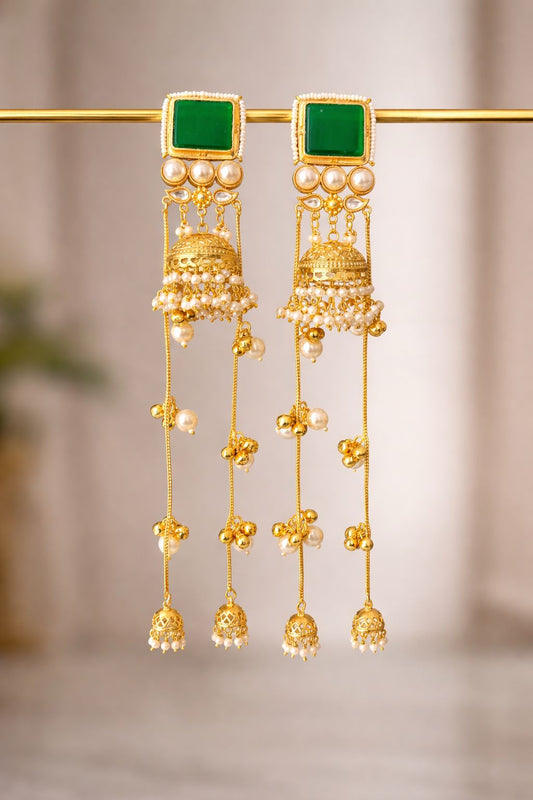 Emerald Pearl Jhumka Tassel Statement Earrings