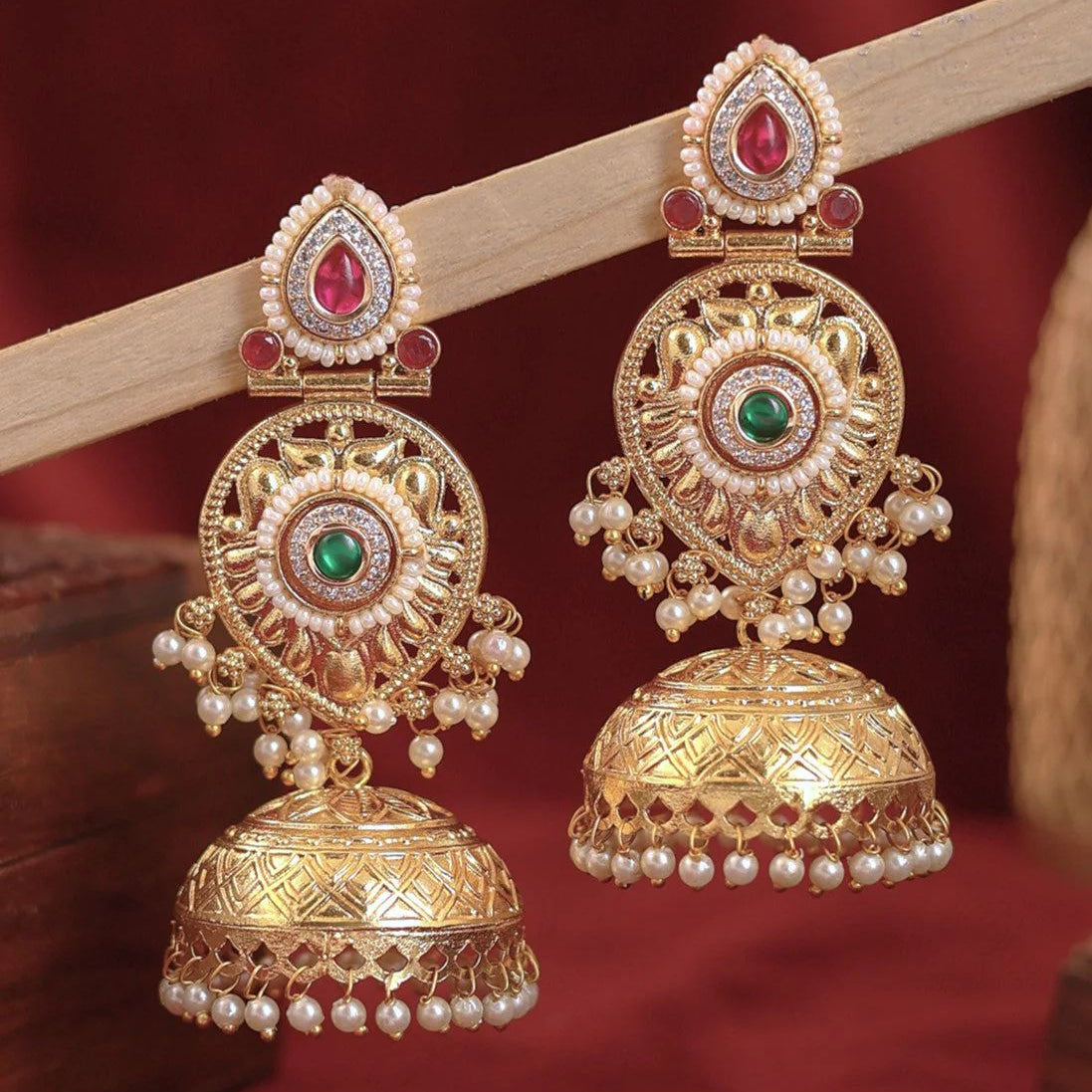 Royal Pearl Jhumka Earrings with Red & Green Stones