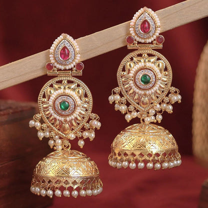 Royal Pearl Jhumka Earrings with Red & Green Stones