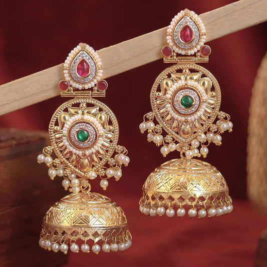 Royal Pearl Jhumka Earrings with Red & Green Stones