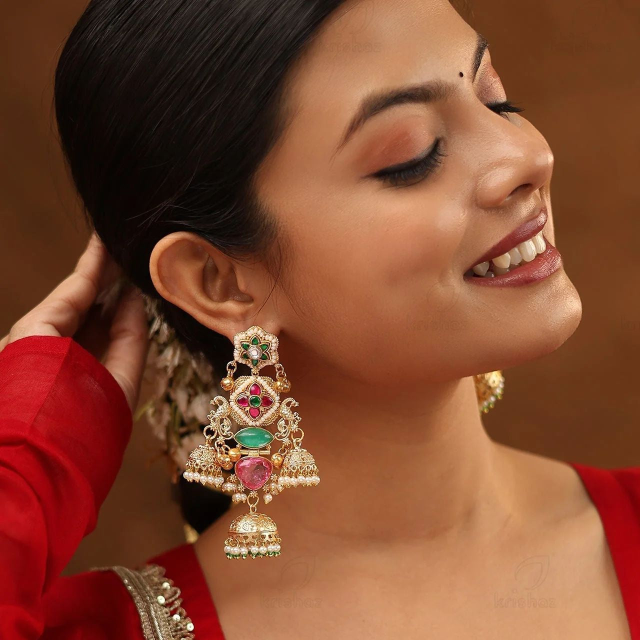 Gold Plated Temple Jhumka Earrings with Green & Pink Stones and Pearl Drops