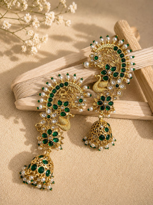 Emerald Peacock Ear Cuff Jhumka Earrings
