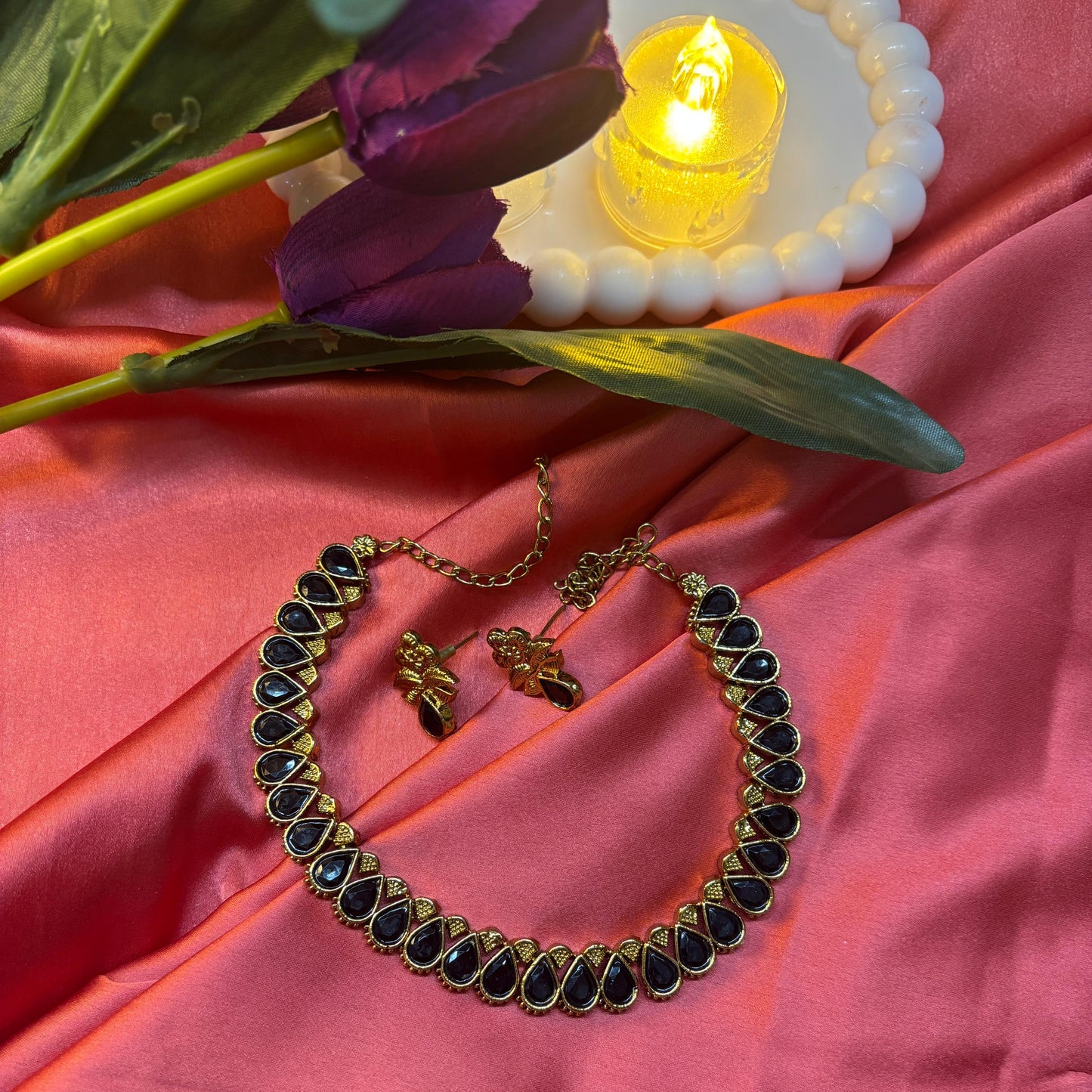 Black Teardrop Stone Necklace Set