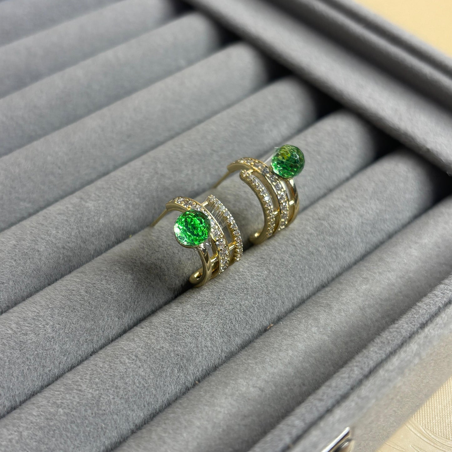 Green Gem Triple-Band Crystal Earrings