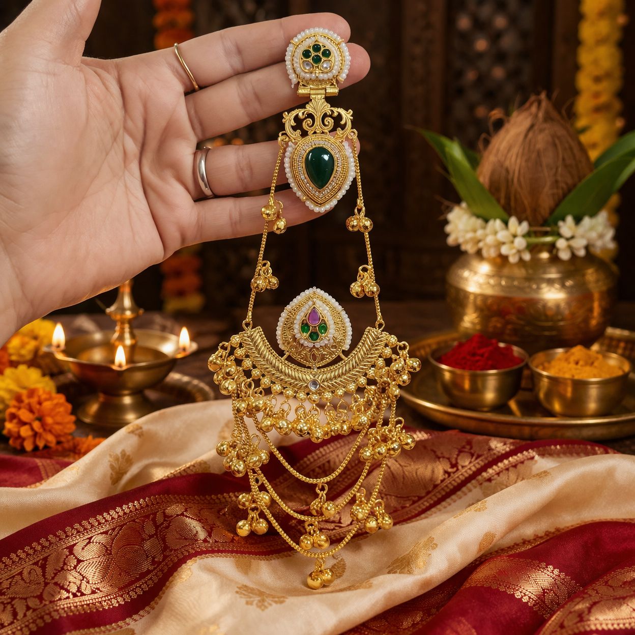 Kundan Chandbali Earrings with Gold Bead Drops