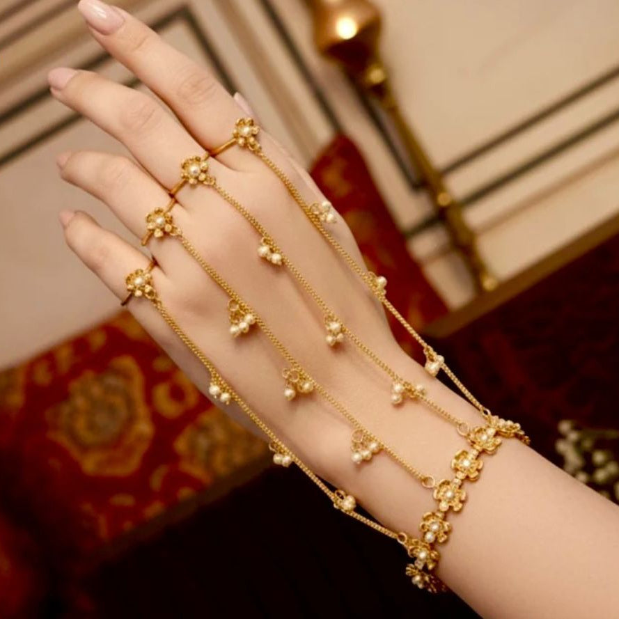 Golden Pearl Hathphool Hand Harness Bracelet (single hand)
