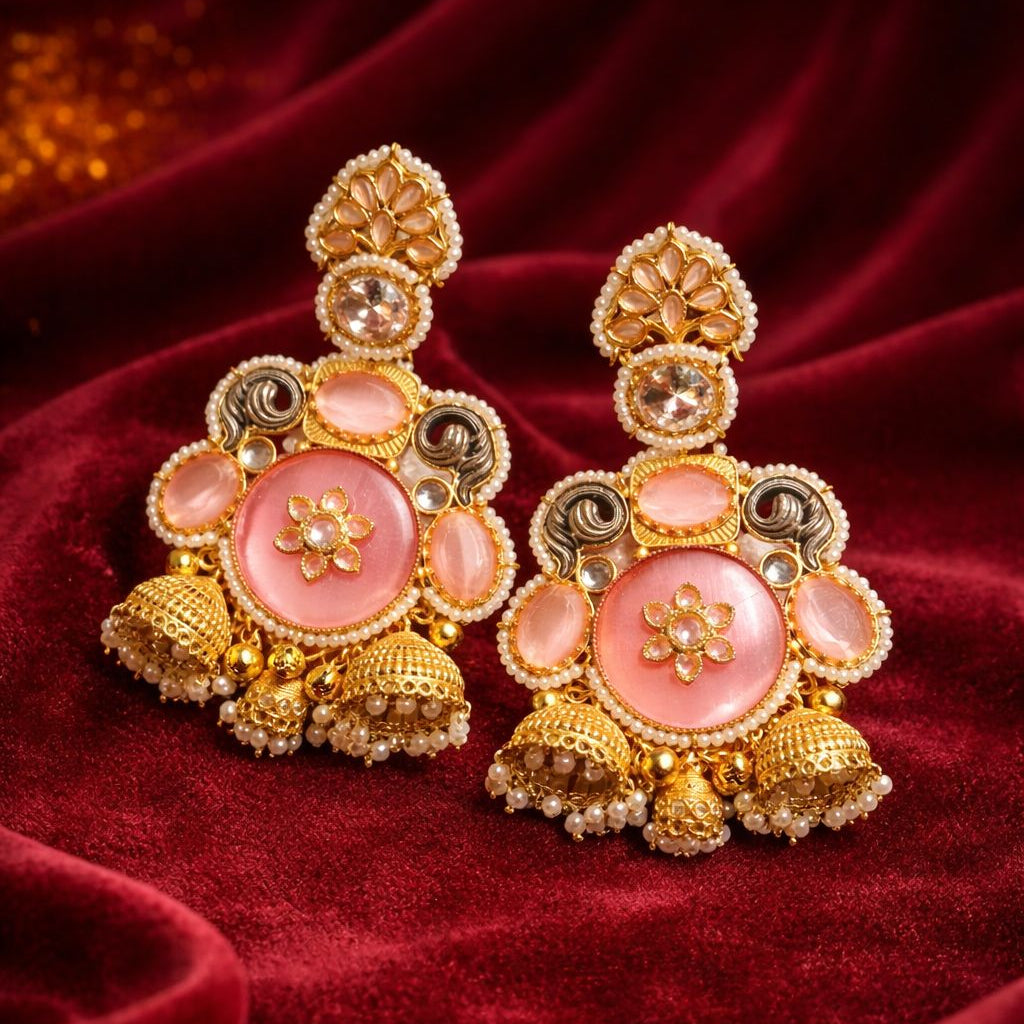 Blush Pink Kundan Floral Jhumka Earrings