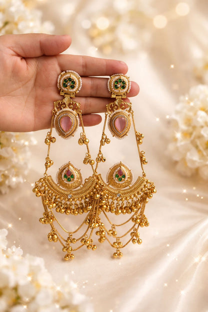 Kundan Chandbali Earrings with Gold Bead Drops