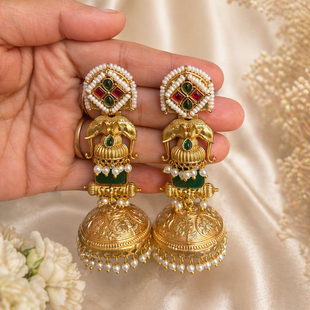 Emerald Green & Ruby Gold Finish Jhumka
