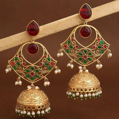 Red & Green Kundan Gold-Plated Jhumka Earrings with Pearl Drops