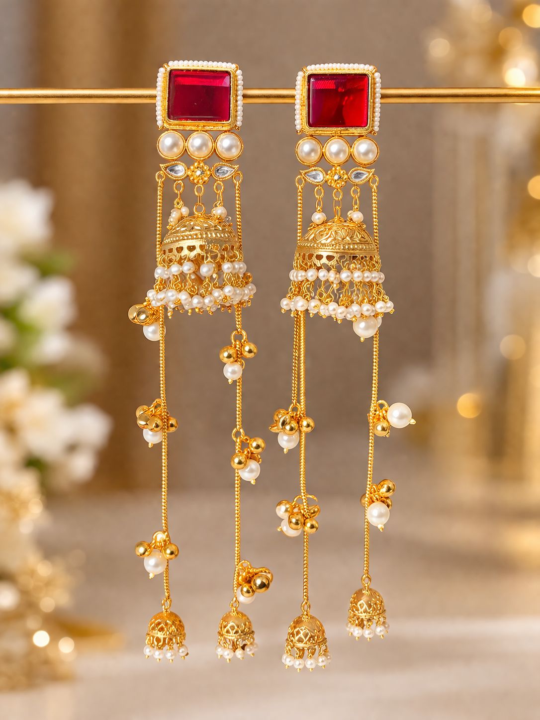 Ruby Pearl Jhumka Tassel Statement Earrings