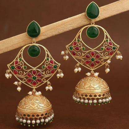 Emerald Green & Ruby Kundan Gold-Plated Jhumka Earrings with Pearl Drops